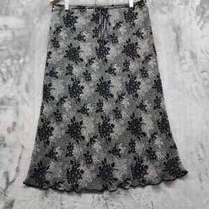 Vintage‎ JKLA California Skirt Women M Black Gray Floral Tie Waist Pull On Midi